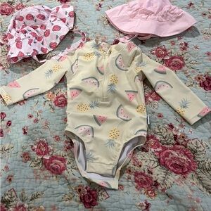 Baby Long Sleeve One-Piece Swimsuit in Pale Yellow with Fruit Print 6-9 months